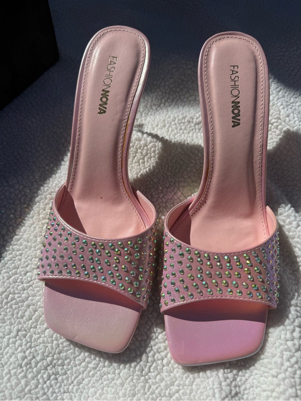 Fashion Nova Pink Gem-Studded Slide Heels